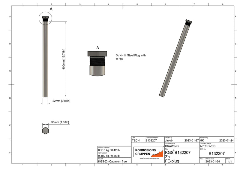 Zink anode varmt vandvarmer Ø20 * 400mm,  3/4" (R20) gevind, cadmiumfri, B132207