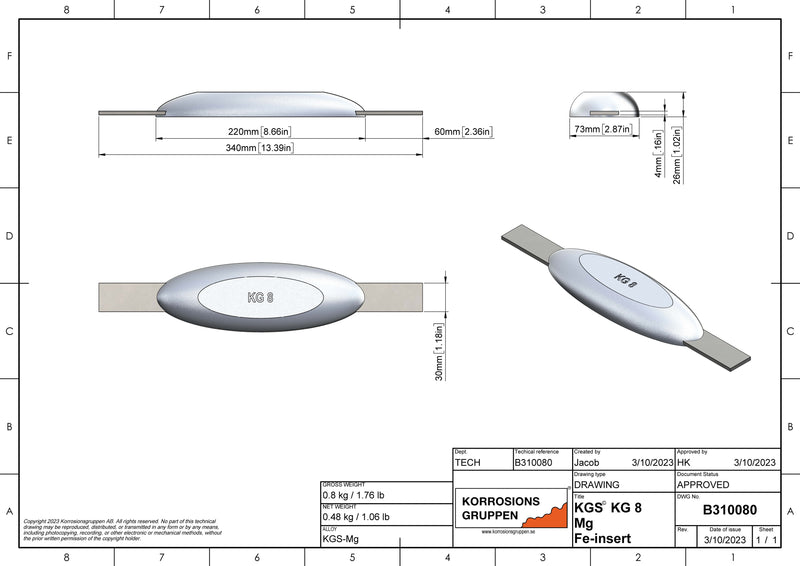 Magnesiumanode TYPE 8 - 220*73*26, (340mm), ca. 0,72kg/1,59lb. AZ63-1,5VDc