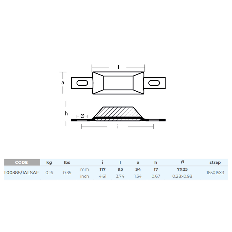 Aluminium anode 180g, 75*34*16mm (135mm), hul 7*23mm